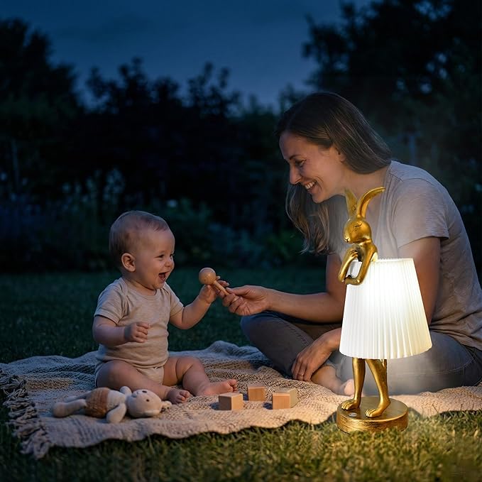 Cordless Rabbit Table Lamp Rechargeable LED 5000mAh, 15.7” Cute Decorative Night Light with Linen Shade & Gold-Tone Bunny Design, Portable Touch Dimmable Bedside Lamp for Bedroom, Home Decor (White)