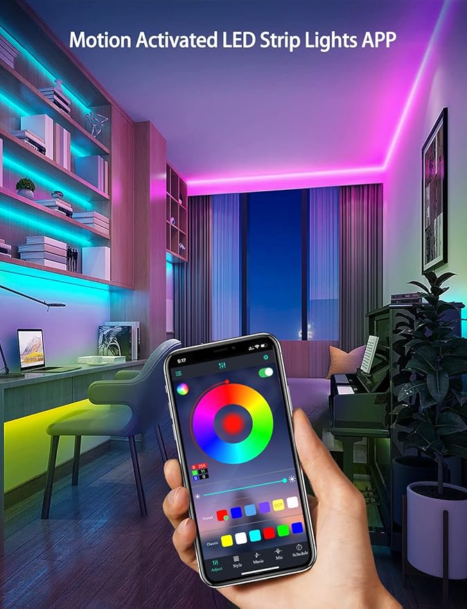 Daymeet Motion Sensor Under Bed Lights, 9.8ft RGB Motion Activated LED Strip Lights with Automatic Shut Off Timer App Control Cabinet Night Light Closet Lights for Hallway, Kitchen,Bedroom,Stair