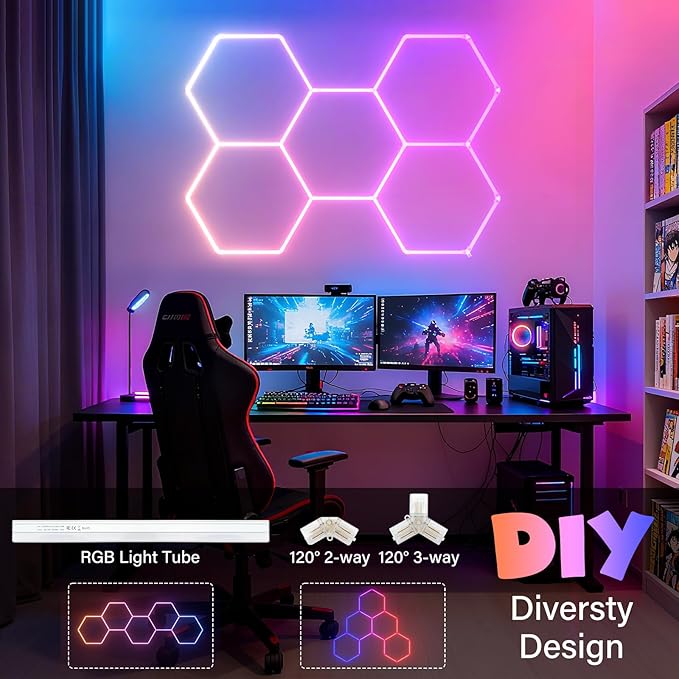 ALLYES Hexagon Garage Lights - RGB Hexagon Wall/Ceiling Lights with Music Sync Dimmable & Speed Adjustable Modes, App & Remote Control, Multi-Scene Honeycomb Light for Gaming Room, Bar, Party, Gym