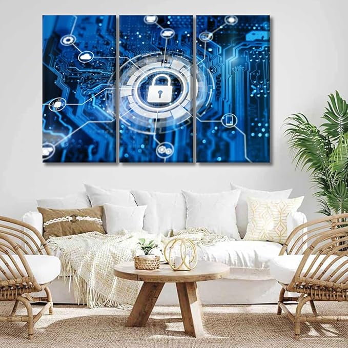 LSIUHWUWI 3 Panel Modern Wall Art Cybersecurity and Secure Nerwork Internet Technology Picture Prints on Canvas Wall Paintings for Bedroom Living Room, Framed Ready to Hang, 20x40inchx3