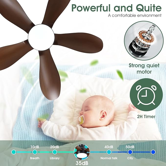 Ceiling Fans with Lights and Remote/APP Control, 30 inch Low Profile Ceiling Fans with 5 Reversible Blades 3 Colors Dimmable 6 Speeds Ceiling Fan for Bedroom Dining Room, Wood Color