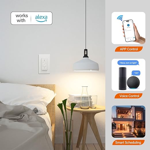 Smart Dimmer Light Switch, Single Pole, Alexa Compatible, No Hub Required, White, Toggle Switch, ON-OFF-ON Operation