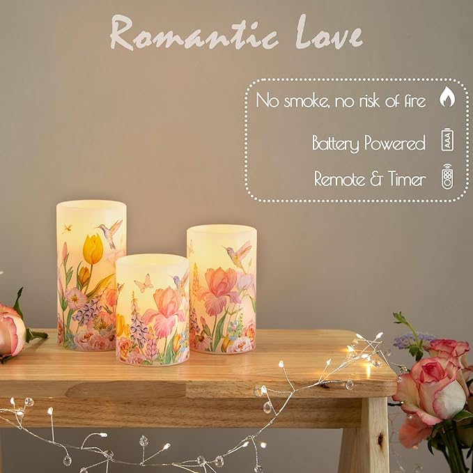 Flameless Candles with Remote, Battery Operated Candles Real Wax Hummingbird Flickering LED Candles Floral Christmas Decor Electric Pillar Candles Set of 3