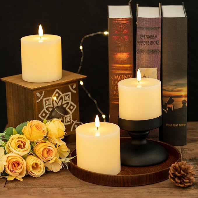 Flameless Candles Set of 3 (3x3 inch) Flickering LED Real Wax Candles Battery Operated with Remote Control Timers for Fireplace Bedroom Livingroom Party Dimmable Ivory Pillars Flat top