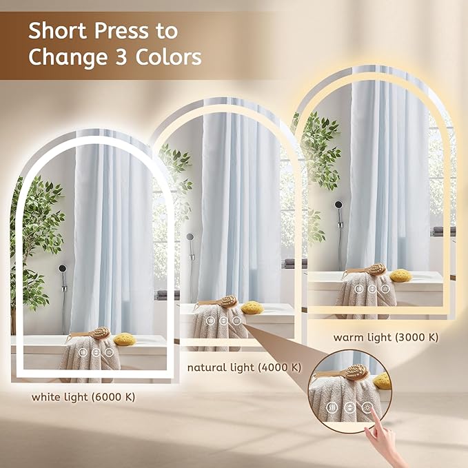 LED Mirror for Bathroom, Lighted Bathroom Vanity Mirror with Lights - Anti-Fog, Front Light and Backlit, Dimmable, 3 Colors (White Arch, 36" L x 48" W)
