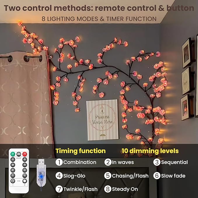 Cherry LED Tree Branch Lights for Wall, Cherry Blossom Willow Vine Twig Decor Garland with 96 LED Lights and Remote,8 Lighting Modes,Christmas Decorations Indoor for Home Wall Door Window (71inch)