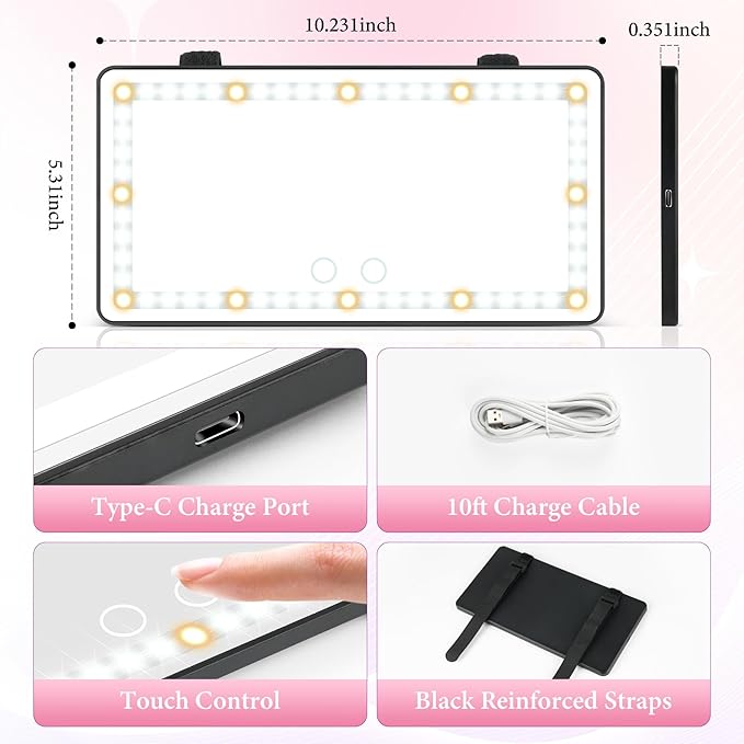 SINGARO Car Sun Visor Vanity Mirror - Rechargeable Makeup Mirror with 60 LEDs, 3 Light Modes & Dimmable Touch Control for Cars, Trucks, SUVs, Car Interior Accessories for Women (Black)