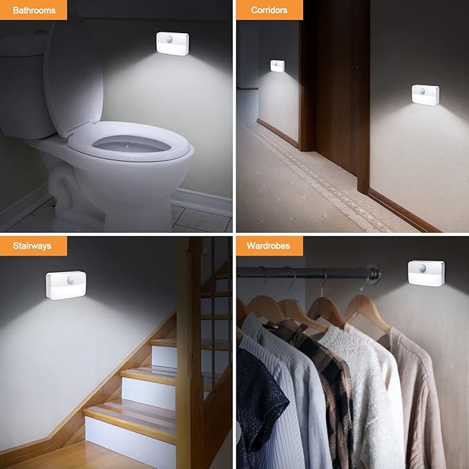 【4 Pack】 Motion Sensor Night Light, Stick-On Motion Sensor Lights Indoor, Battery Powered Under Cabinet Kitchen Lights with Adhesive Pads, Auto/On/Off for Cupboard Wardrobe Stair Kitchen