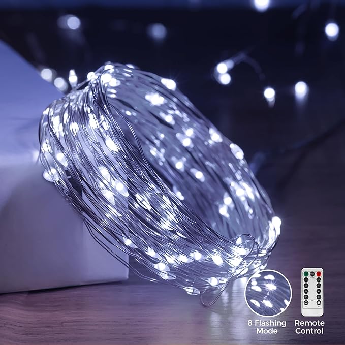 1 Pack 32. 8 ft. USB Powered Fairy Lights with Remote & Timer, 100 LED USB Twinkle String Lights - Silver Wire, 8 Modes, Waterproof, Cool White Starry Lights for Party, Wedding, Christmas