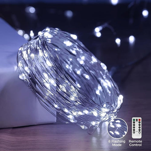 1 Pack 32. 8 ft. USB Powered Fairy Lights with Remote & Timer, 100 LED USB Twinkle String Lights - Silver Wire, 8 Modes, Waterproof, Cool White Starry Lights for Party, Wedding, Christmas