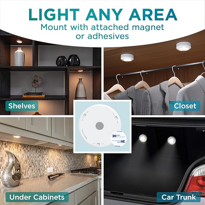 Brilliant Evolution Ultra Thin Wireless LED Touch Lights - Battery Operated Under Cabinet Lighting - Round Puck Lights for Closet, Countertop - Stick On Push Light for Home Decor - Pack of 2