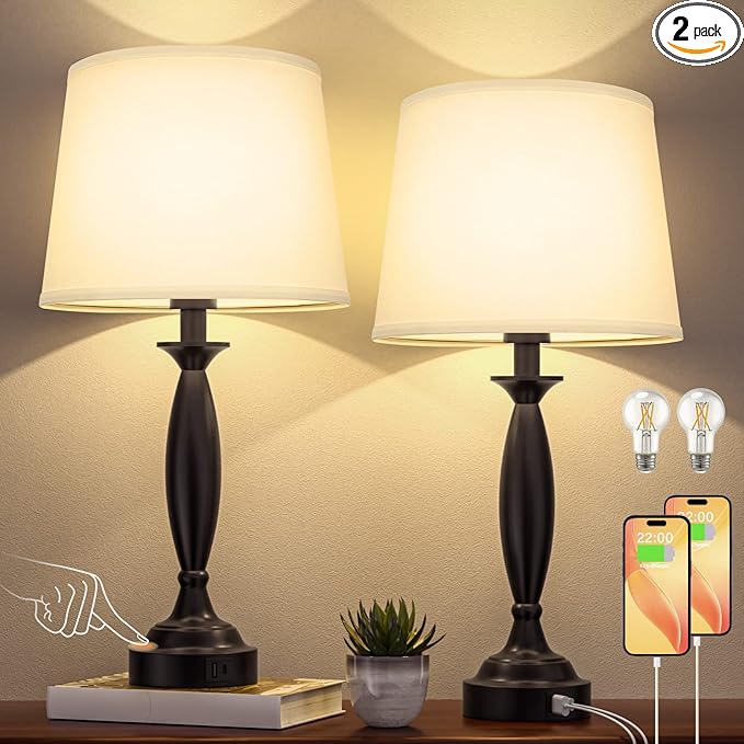 Seealle White Lamps for Bedrooms Set of 2 - Touch Control Bedside Lamp with USB C+A, 3 Way Dimmable Nightstand Lamps with USB Port, Table Lamp for Living Room(White Shade and Black Base)