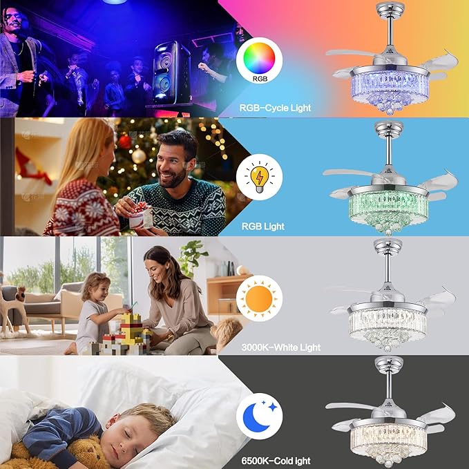 36" Retractable Crystal Ceiling Fan with Light, RGB Modern Fandelier 6 Speeds Reversible Blades Dimmable Chandelier Ceiling Fan with Remote App Control Memory Timer Silver
