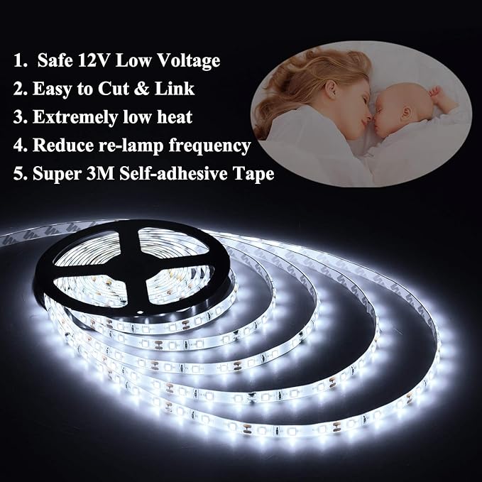 16.4ft White Led Strip Lights, 12V Waterproof Led Strip Lights Flexible Light Strip Indoor for Bedroom, Kitchen, Bathroom(Not Included Power)