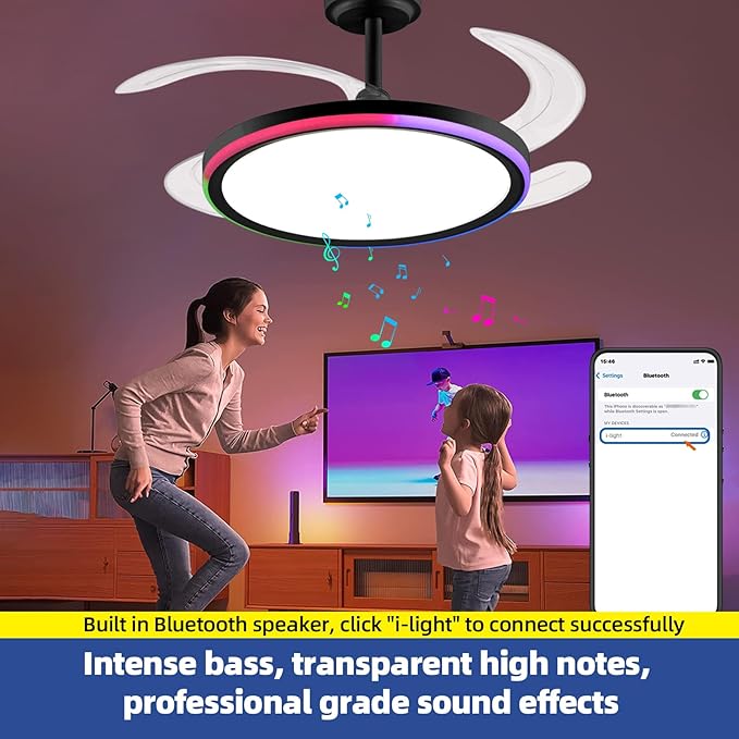 BAYSQUIRREL Slim Retractable Ceiling Fan with Light and APP/Remote Control, 42in Modern Smart RGB Ceiling Fan with Bluetooth Speaker, Dimmable Full Spectrum with Memory, 6-Speed Reversible Fan, Black