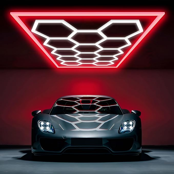 Large Hexagon Garage Lights 14 Hex LED Higher Brightness Lights with Red Light Rectangle Frame Octagon Honeycomb Lighting for Garage Car Detailing Barber Shop Gym Warehouses.