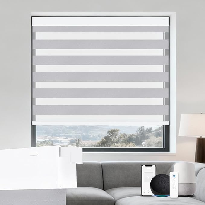 LUXLUV No Drill Motorized Zebra Blinds with Remote, 75% Blackout Automatic Electric Zebra Blind,Compatible with Alexa, Google, Smart Electric Window Blinds,Grey,Custom Sizes