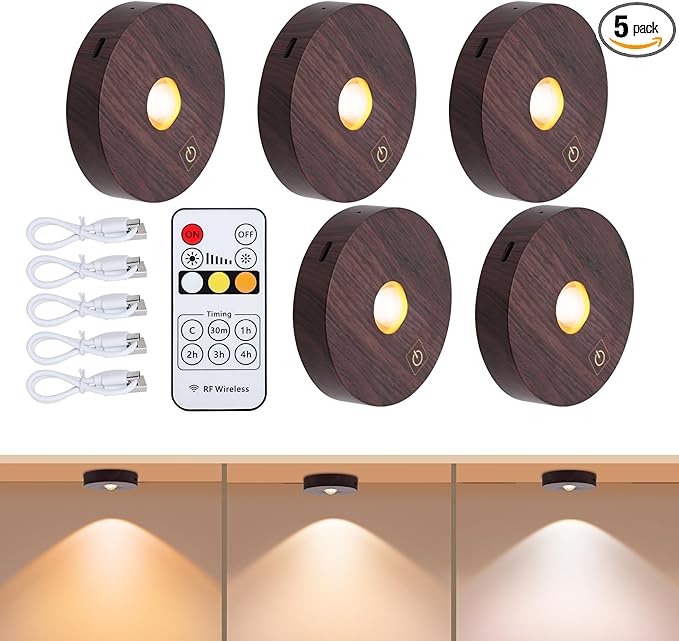 Rechargeable Puck Lights, 3 Color Temp & Dimmable Under Cabinet Lighting, Magnetic Battery Operated Closet Light, No Wiring Needed, 2W, 70 Lumens (5 Pack, Woodgrain)