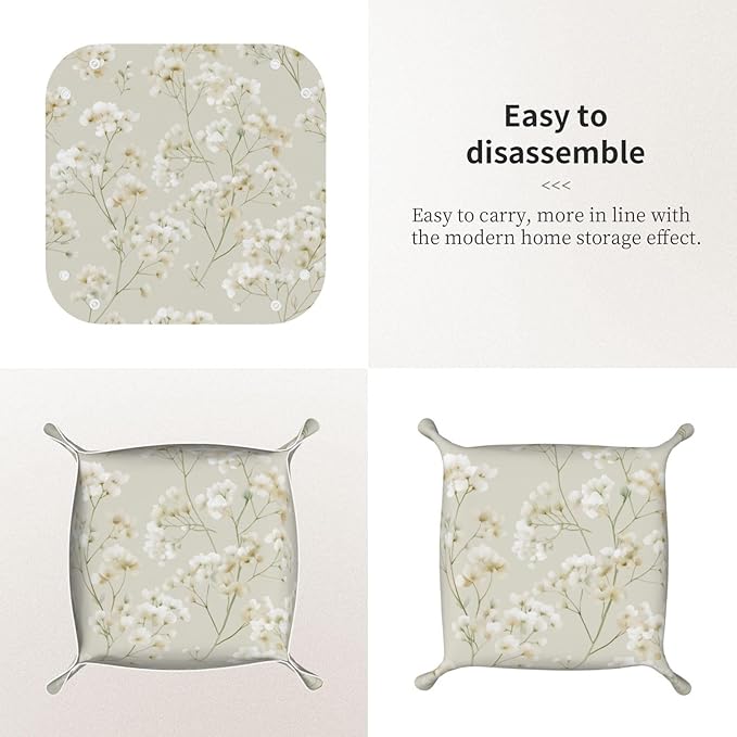 Tiny White Flowers Clusters Minimal Leaves Valet Tray Leather Portable Tray Desktop Storage Organizer Bedside for Men Women Jewelry Keys Coin Candy Sundries
