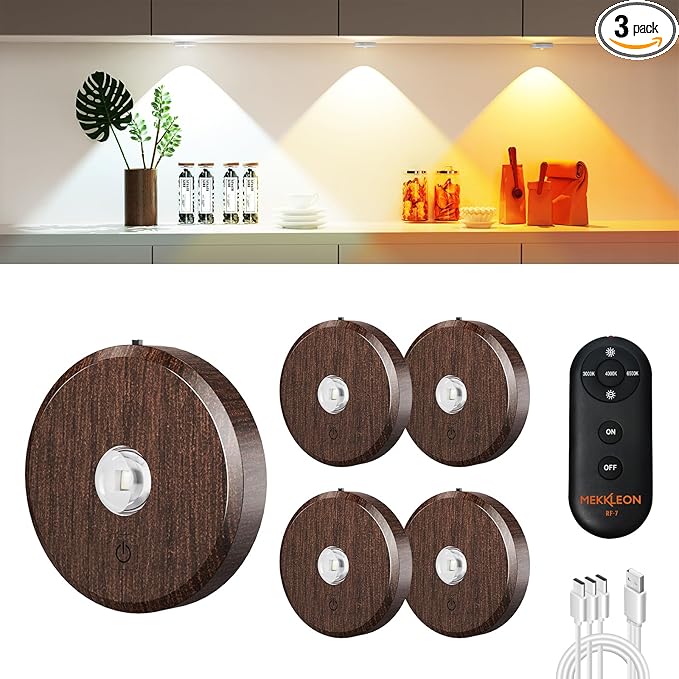 Puck Lights with Remote Control Rechargeable,Wireless Under Cabinet Lighting,2000mAh Battery Operated Tap Push Touch Lights,Stick On Lights for Counter,Shelf,Bookcase (Wood Color, 5 Pcs)