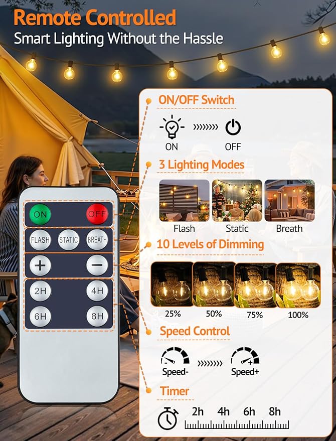 50FT(2x25FT) Solar String Lights Outdoor with Remote, Waterproof Dimmable 3 Modes Patio Lights with 20+2 LED G40 Bulbs for Cafe Bistro-Black