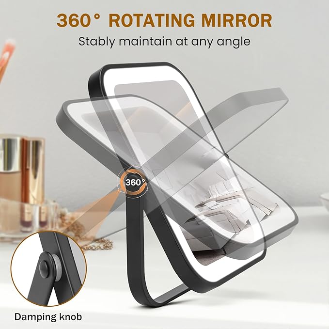 Rechargeable Vanity Mirror with Lights, 10"×8" Makeup Mirror with Lights, 1500mAH Battery, Smart Touch with 3-Color Lighting, Dimmable, HD Desk Mirror, Women Gift, Travel Essentials (Black)