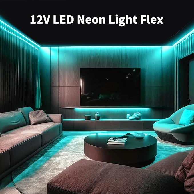 5M Neon Rope Light,12V Ice Blue LED Strip Lights with Power Plug, Waterproof Flexible Dimmable Neon Strip Lights Kit for Bedroom TV Backlight Gaming Room Monitor Kitchen Cabinet Indoor Outdoor Decor