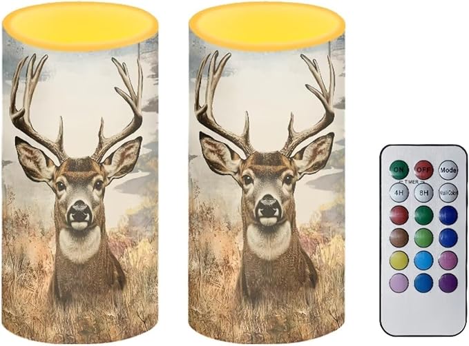 Deer Flameless Candles 2 Pack 6 x 3 inch Battery Operated Candles with Multicolor Timer Remote Control LED Fake Candles for Warm Light Dinner Table Home Decor