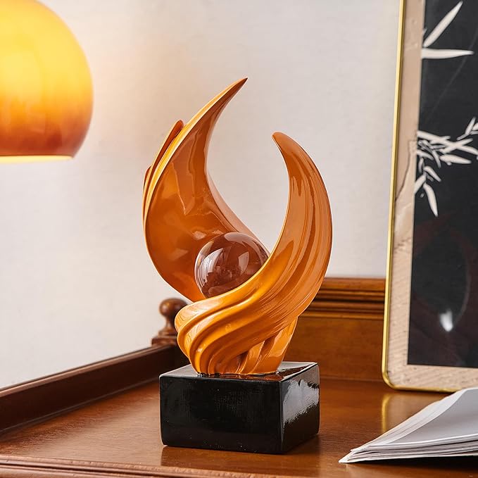 FJS Home Decor Modern Art Statue Decor, Coffee Table Bookshelf Shelf Decor Accents, Abstract Swirl-Shaped Sculpture Decorations for Dining Room Living Room Office (Orange)