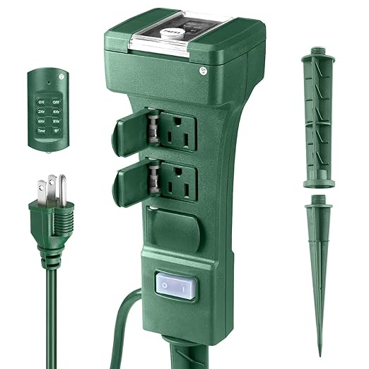 Outdoor Power Stake Timer, 24 Hour Light Timers with Remote Control, 6 Outlet Countdown Yard Stake Timer for Halloween Christmas Holiday Lights, 6ft Extension Cord, UL Listed