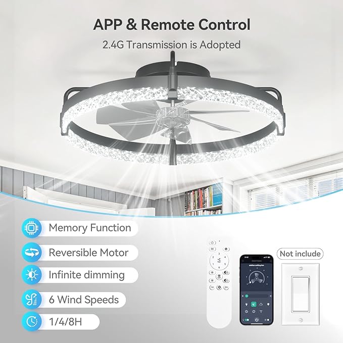 addlon Ceiling Fans with Lights and Remote, 24'' Low Profile Ceiling Fans, 3000-6000K Dimmable Modern Flush Mount LED Fan Light, Fandelier Ceiling Fan for Bedroom, Kitchen, Living Room, Black