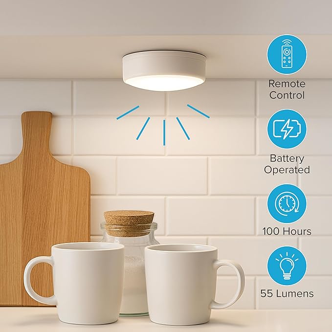 Brilliant Evolution Wireless LED Puck Light 3 Pack - Works with Remote Control - Under Cabinet, Closet Light - Battery Powered - Under Counter Lighting - Stick On Lights