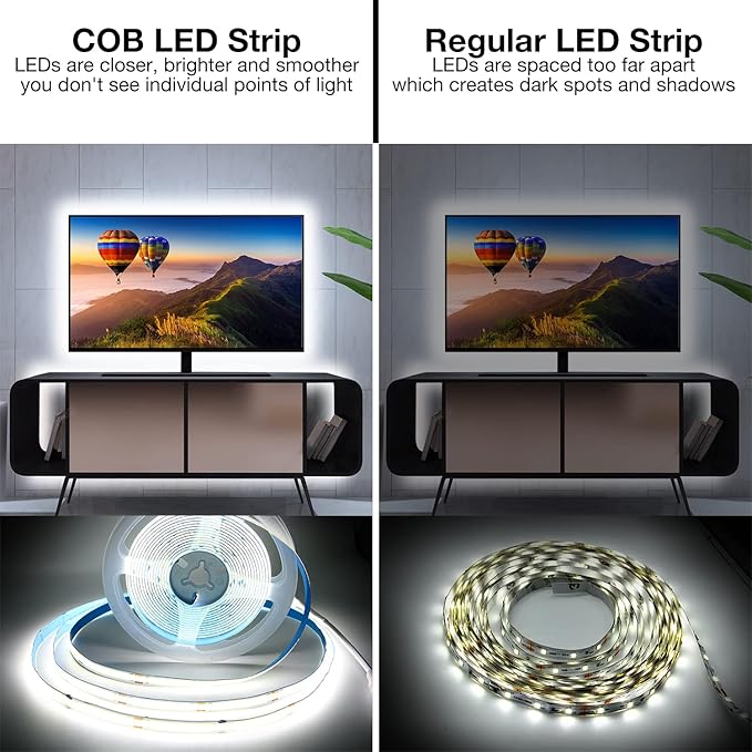 DAYBETTER COB LED Strip, 16.4 ft White LED Strip Lights, Dimmable LED Light Strip 6500K Bright Daylight White, 24V, 1600LEDs, 2835 Flexible LED Tape Light for TV, Bedroom, Kitchen Cabinet, Closet