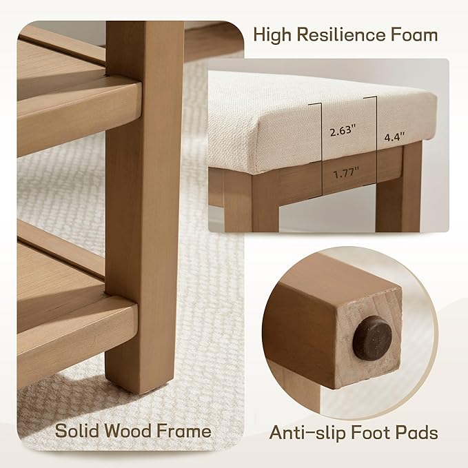 2 Tier Shoe Rack Bench with Cushion, Solid Wood Shoe Benches, Mid-Century Modern Shoe Storage Bench for Entryway, Hallway, Living Room, Closet, Front Door Entrance, (Beige, 31.5")