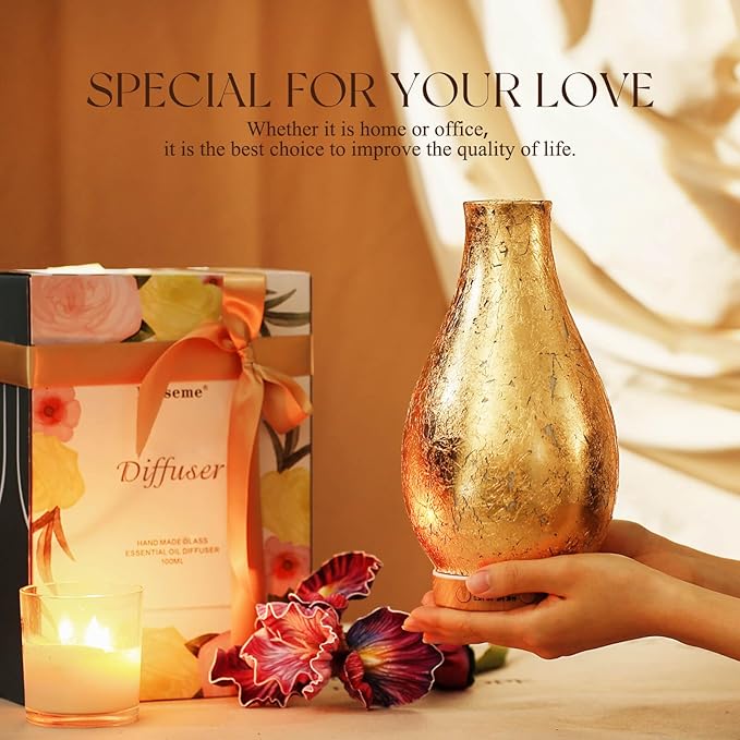 Porseme 100ml Gold-Plated Volcano Essential Oil Diffuser 3D Glass - Elegant and Effective Aromatherapy with 7 Color Changing LEDs and Waterless Auto-Off, BPA Free for Home Yoga Leisure SPA Gift