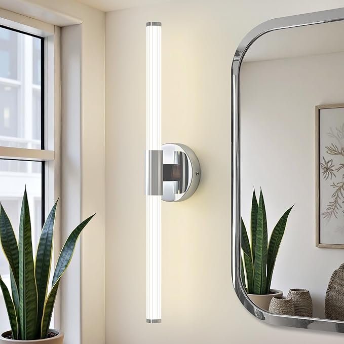 Bathroom Vanity Lights Chrome Dimmable LED 360° Full Lighting Bathroom Light Fixtures Over Mirror 24 inch Vanity Light Bar Hardwired Modern Wall Sconce 4000K Light for Bedroom Living Room