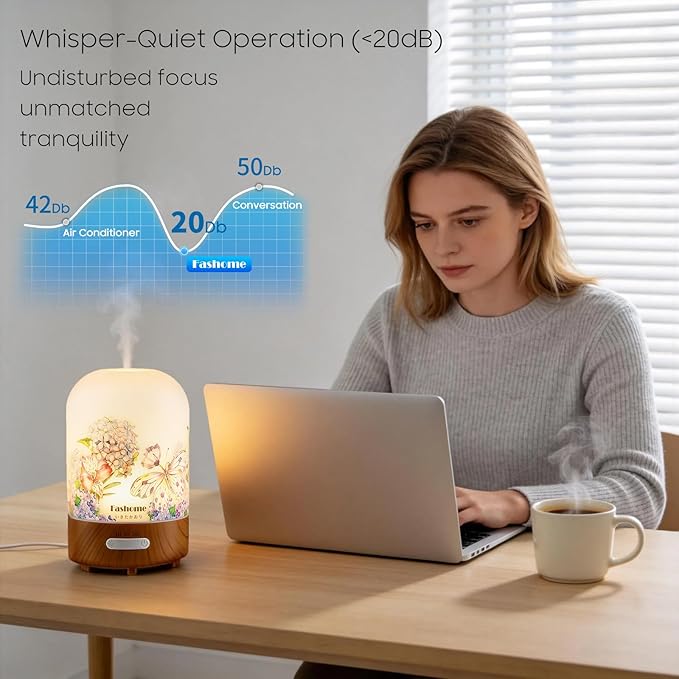 Essential Oil Diffuser Hand Blown Glass, 100ml Small Aromatherapy Diffuser, Auto Shut-Off Function, Ultrasonic Diffusers for Essential Oils, Cool Mist Humidifier with Warm White Lights