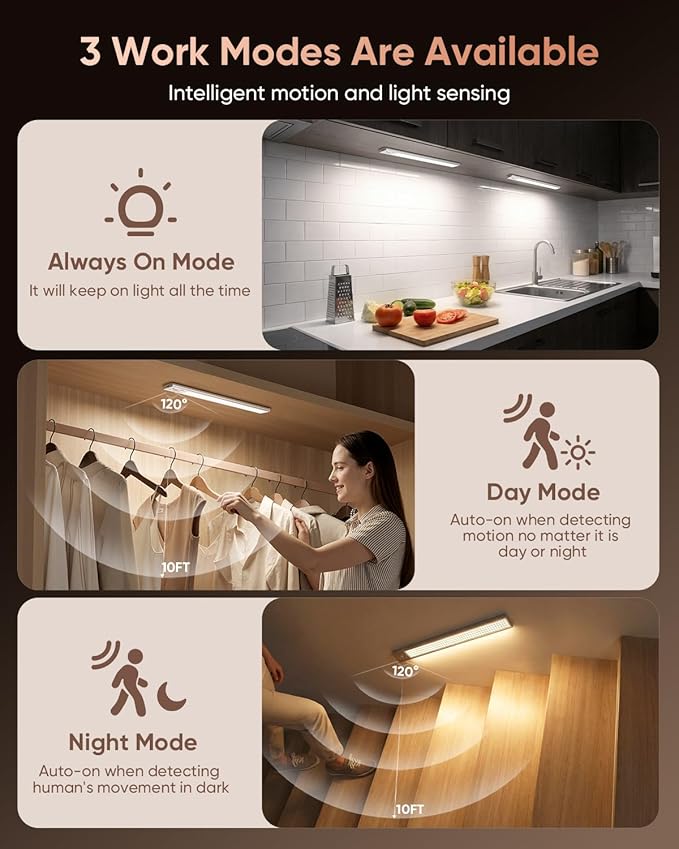 12inch Under Cabinet Lighting, 152LED Motion Sensor Light Indoor, USB Rechargeable Closet Lights, 3 Color Temps, Dimmable, Wireless Under Counter Lights for Kitchen, Stairs, Pantry, 2 Pack