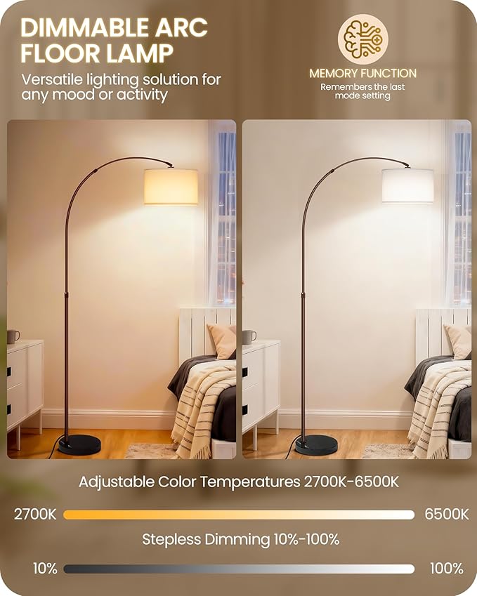 75" Arc Floor Lamp with Marble Base and Adjustable Height, Rotating Hanging Shade, Dimmable Floor Lamp for Living Room with Remote and Foot Switch, 3CCT, Over Couch Arched Light, White Brown VW15LD05