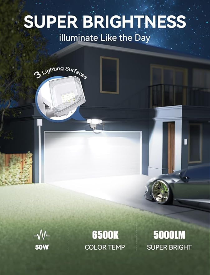 Olafus 50W Motion Sensor Outdoor Light Plug in, Motion Flood Light Dusk to Dawn, 5000LM LED Security Light IP65 Waterproof, Motion Activated 6500K PIR Sensor Lighting for Garage Yard Patio Eave, White
