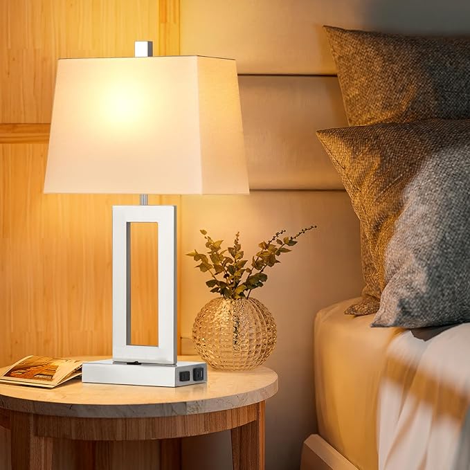 Table Lamp Set of 2 with USB C+A Ports & AC Outlet, Bedside Lamps, Modern Bedroom Lamps, Silver Lamps for Bedroom Living Room,Nightstand Lamp（Push Button Swich/NO dimming