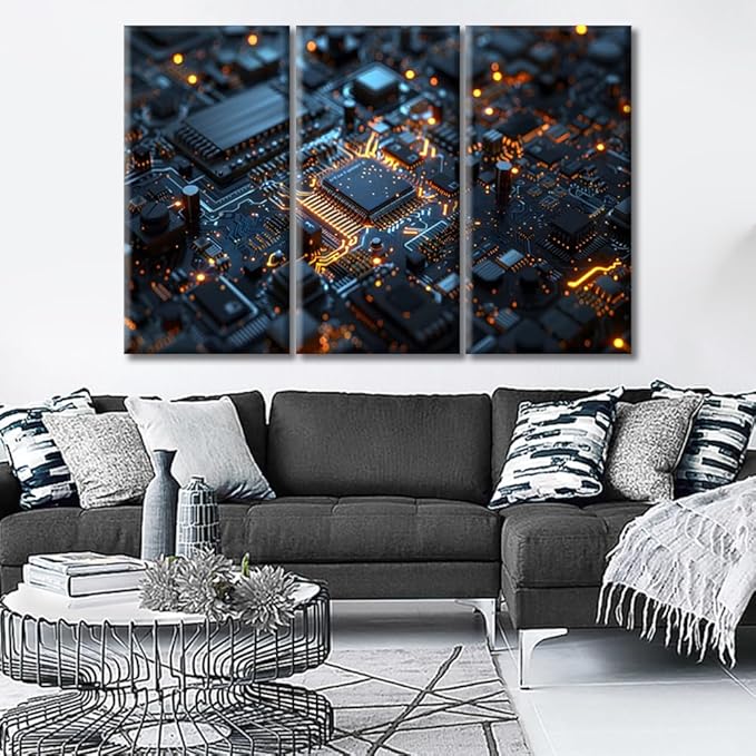 Motherboard Digital Chip Wall Art Canvas Prints Computer Processors CPU Pictures Painting Chip Advanced Circuitry Canvas Paintings Ready to Hang for Home Decorations Wall Decor 60"Wx40"H