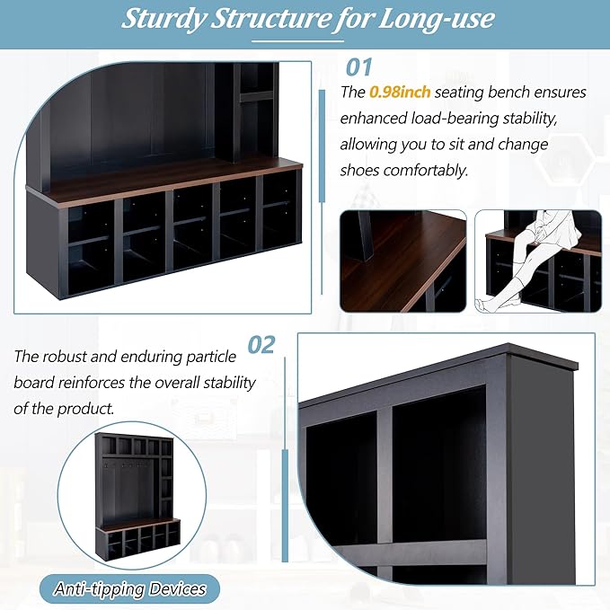 Farmhouse Style Hall Tree with 6 Hooks, Practical Walnut Storage Bench with Adjustable Shelves, Wooden 4-in-1 Entryway Shoe Cabinet with 13 Cubbies for Mudroom, Living Room (Black + Dark Walnut-8)