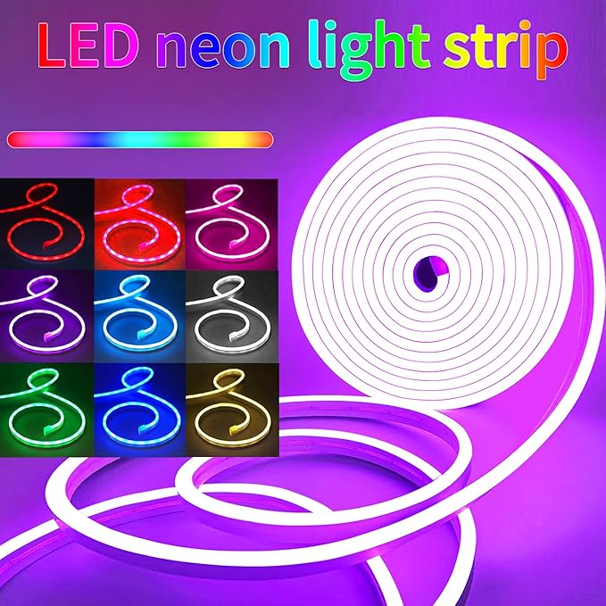 LED Neon Lights，6.6ft USB Powered LED Strip Lights，5V Music Sync Color Changed Rope Light with APP Control，IP65 Waterproof RGB Rope Lights for Bedroom，Cabinet,Kitchen (with Adhesive Backing)