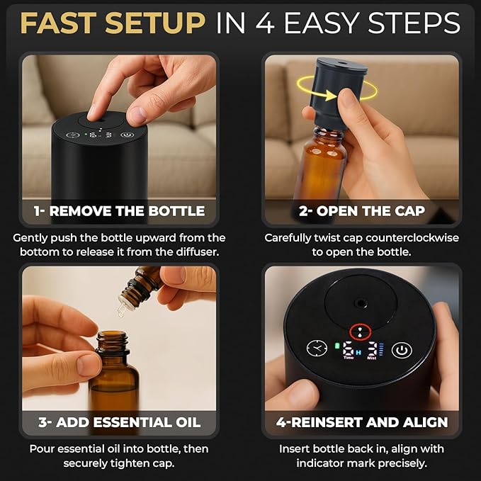 Waterless Essential Oil Diffuser – Aromatherapy Scent Diffusers for Home, Office, Hotel, Bedroom – Modern and Elegant Mini Fragrance Diffuser – Cordless and Portable with Digital Display(Black)