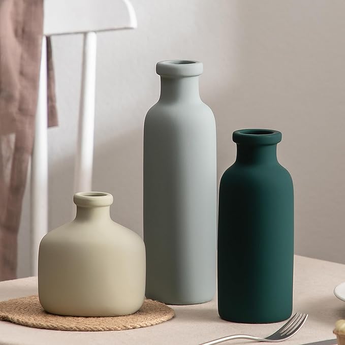 Ceramic Vase Set of 3 - Rustic Vases Set for Flower Centerpieces Pampas Grass - 3 Bud Vases for Home Decor - Modern Terracotta Vases for Home Farmhouse Table Office, Mini Pottery Vase by Lyeec