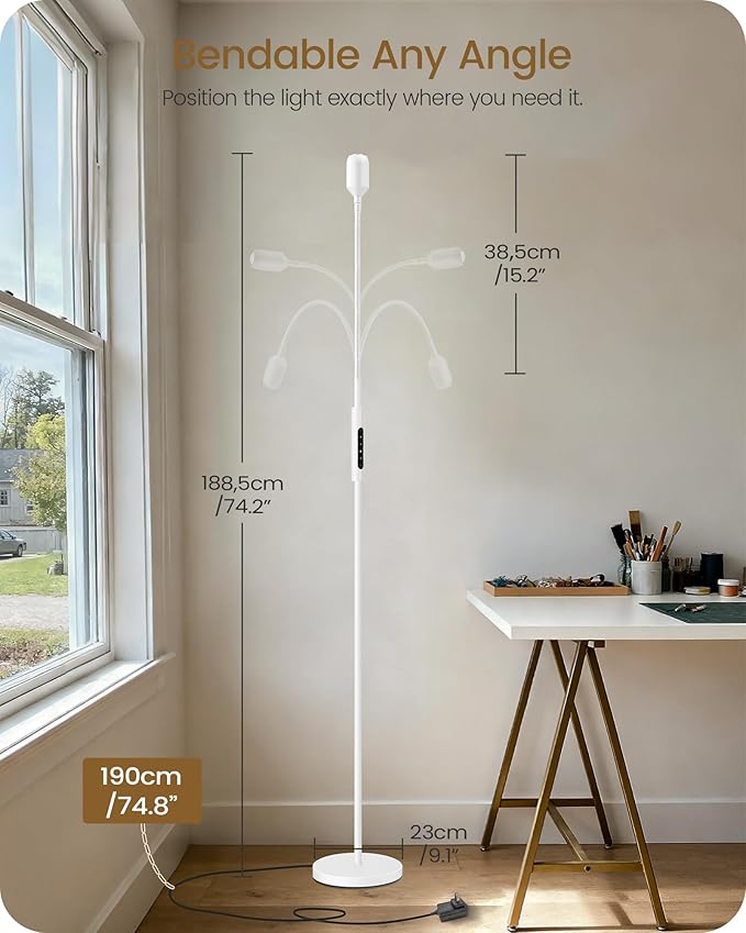 Reading Floor Lamp, 74.2" Tall LED Lamp, with 360° Flexible Gooseneck & Touch & Remote Control, Ajustable Color & Beam, Crafts Standing Lamp, for Reading, Task Craft, Living, White WW16LD05