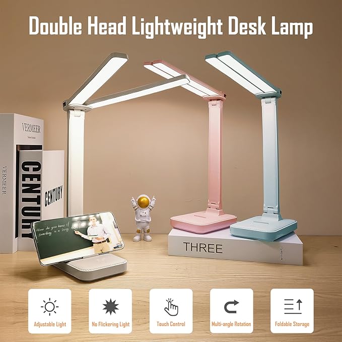 LED Double Head Desk Lamp, Rechargeable Portable Table Lamp, Adjustable Light Color and Brightness, USB Powered, LED Light for Work, Reading, Emergency (White)