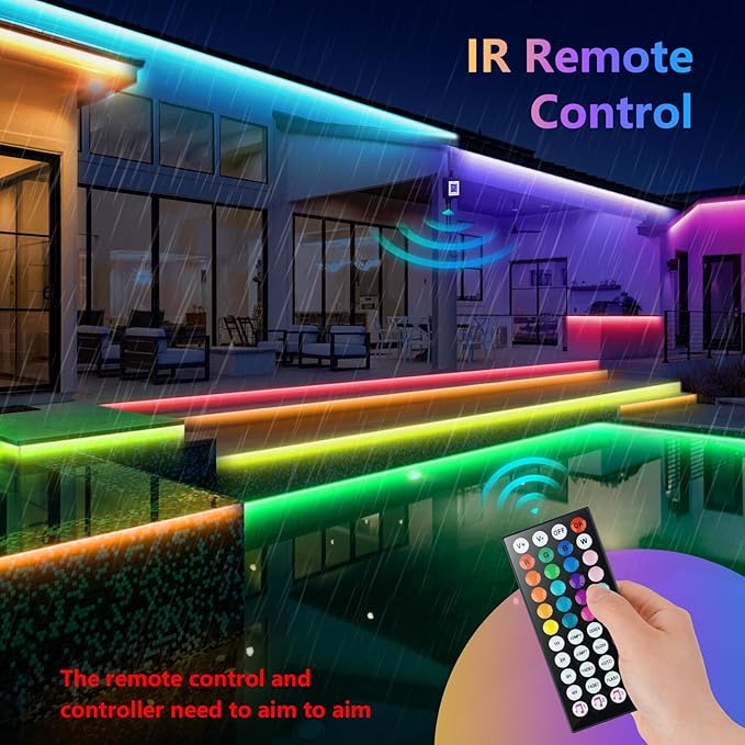 100Ft Outdoor LED Strip Lights, IP68 Waterproof RGB Color Changing LED Lights with IR Remote and APP, 24V Music Sync Light Strips, Flexible Outdoor LED Tape Lights for Garden Terrace-100Ft