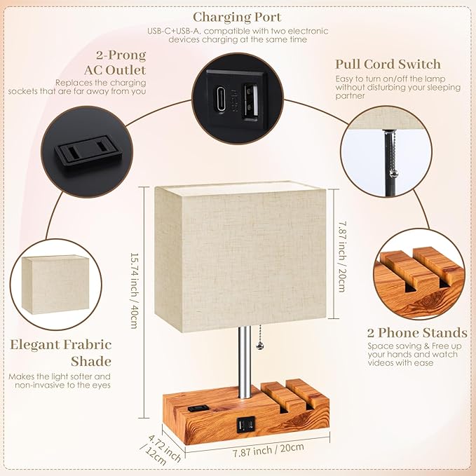 Smart RGB Dimmable Table Lamp Work with Alexa&APP&Remote Control, Bedside Desk Lamp with Charging Ports&Outlet&Phone Stand, Music Sync Nightstand Lamp for Bedroom Living Room Office Dorm, Wooden Base